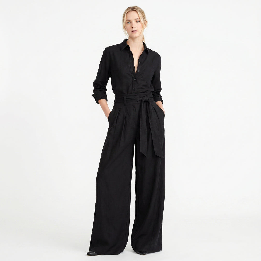 Linen Jumpsuit - Wide Leg Belted Button Down