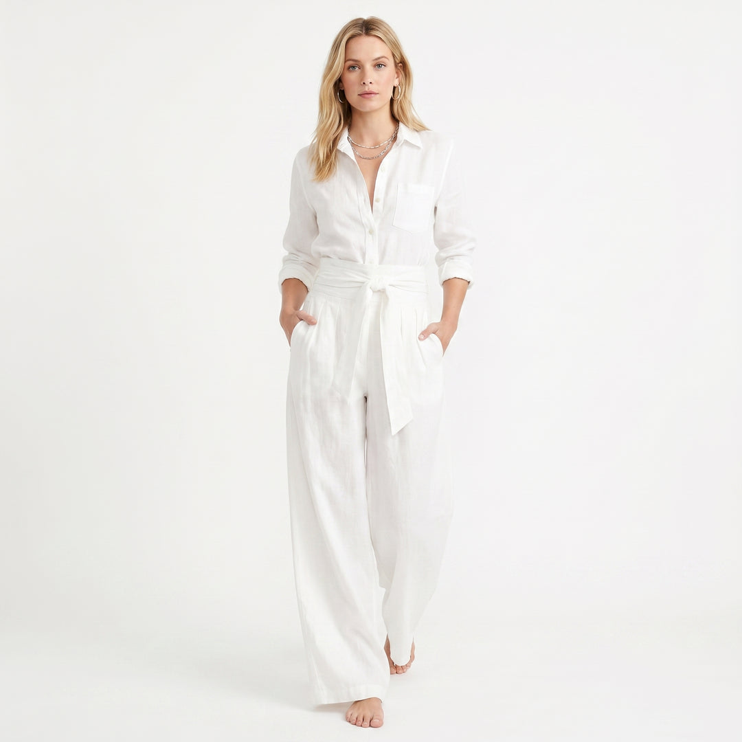 Linen Jumpsuit - Wide Leg Belted Button Down