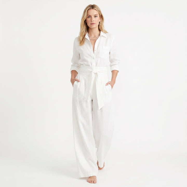 Linen Jumpsuit - Wide Leg Belted Button Down