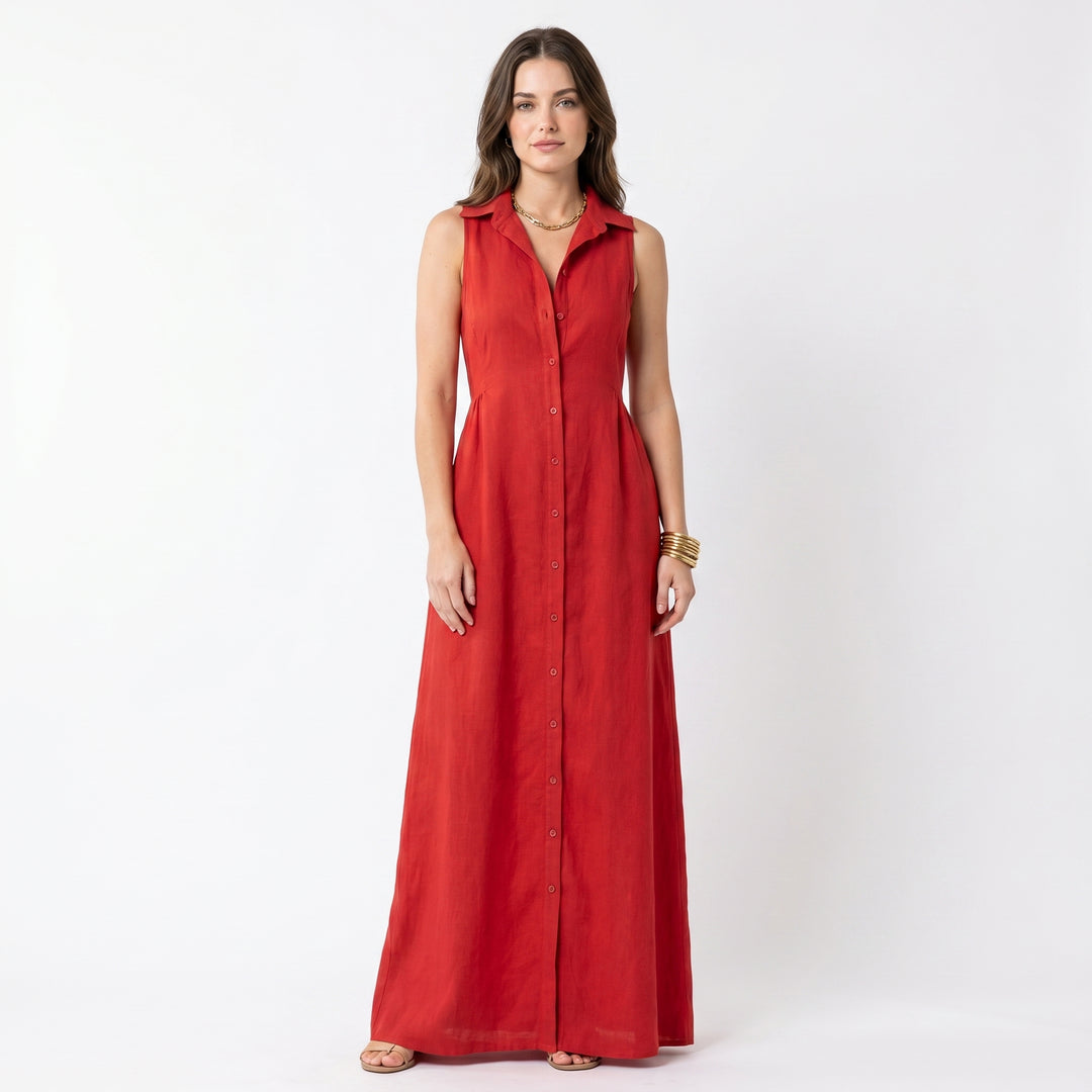 Linen Maxi Dress - Sleeveless Button Down Shirt Dress