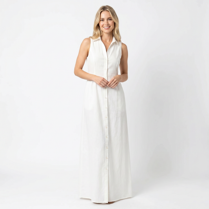 Linen Maxi Dress - Sleeveless Button Down Shirt Dress