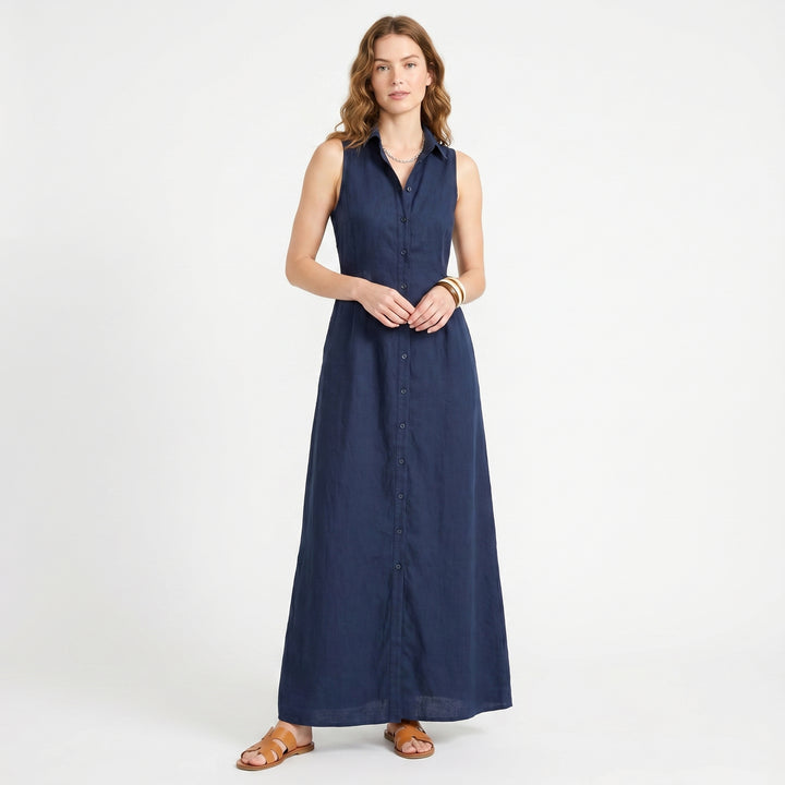 Linen Maxi Dress - Sleeveless Button Down Shirt Dress