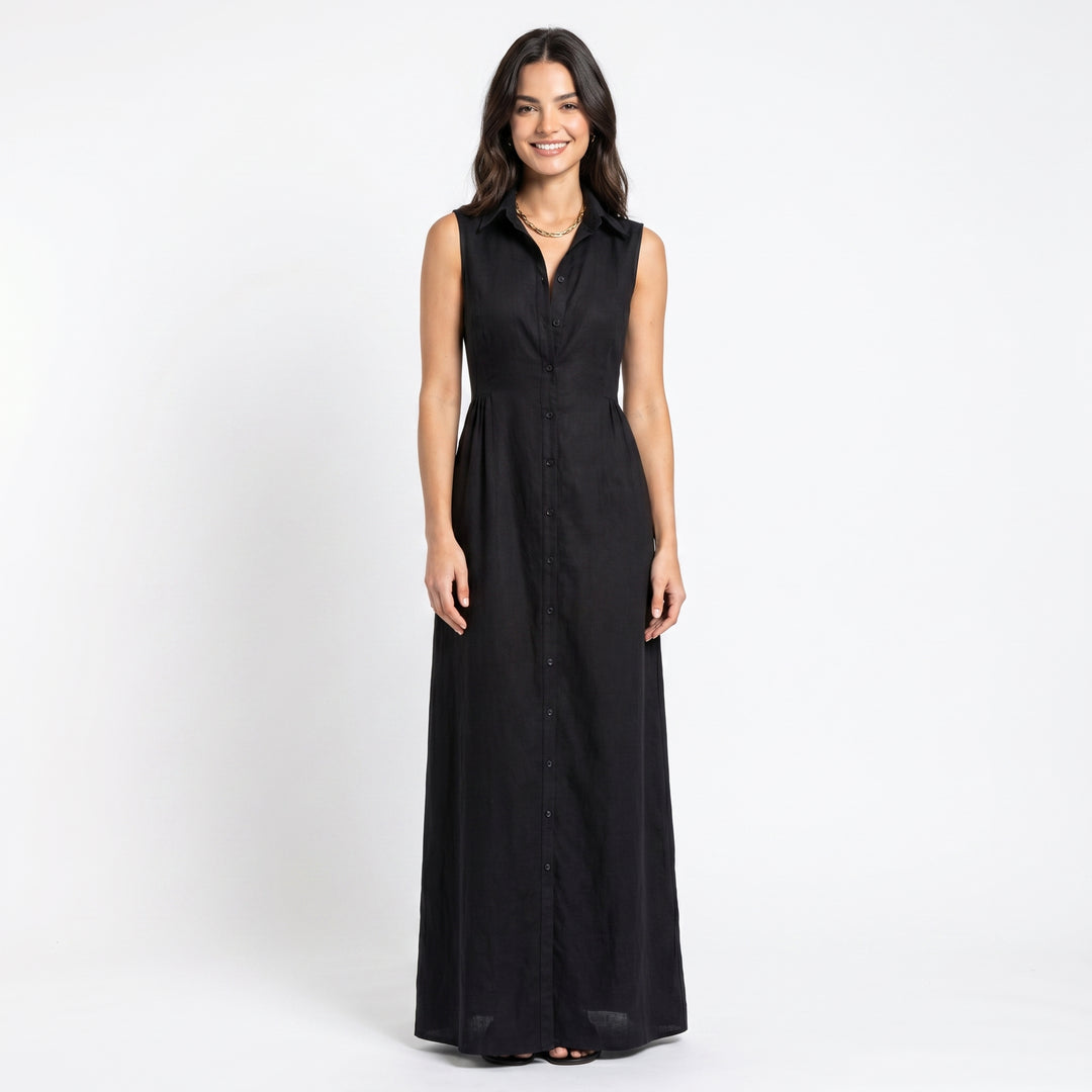 Linen Maxi Dress - Sleeveless Button Down Shirt Dress
