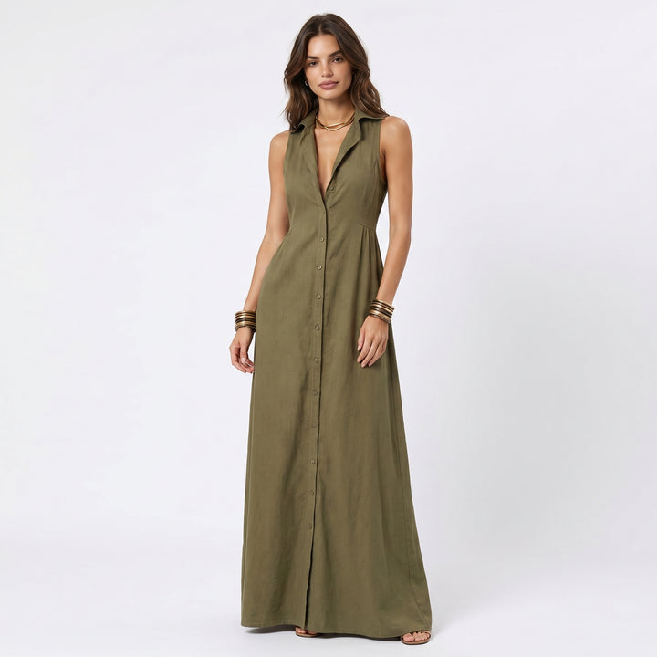 Linen Maxi Dress - Sleeveless Button Down Shirt Dress