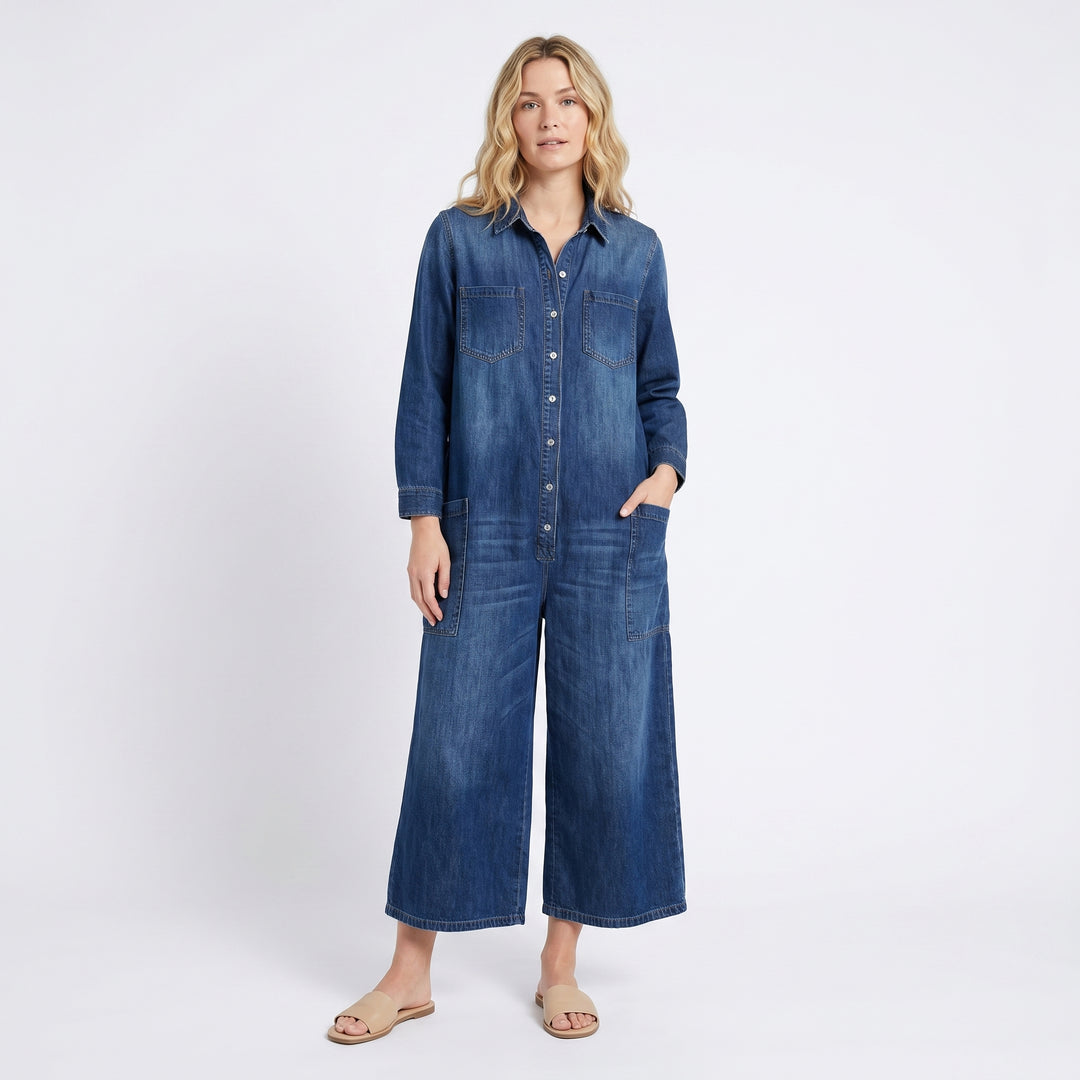 Denim Jumpsuit Women - Wide Leg Button Down Oversized