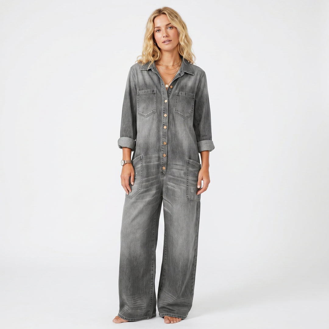 Denim Jumpsuit Women - Wide Leg Button Down Oversized