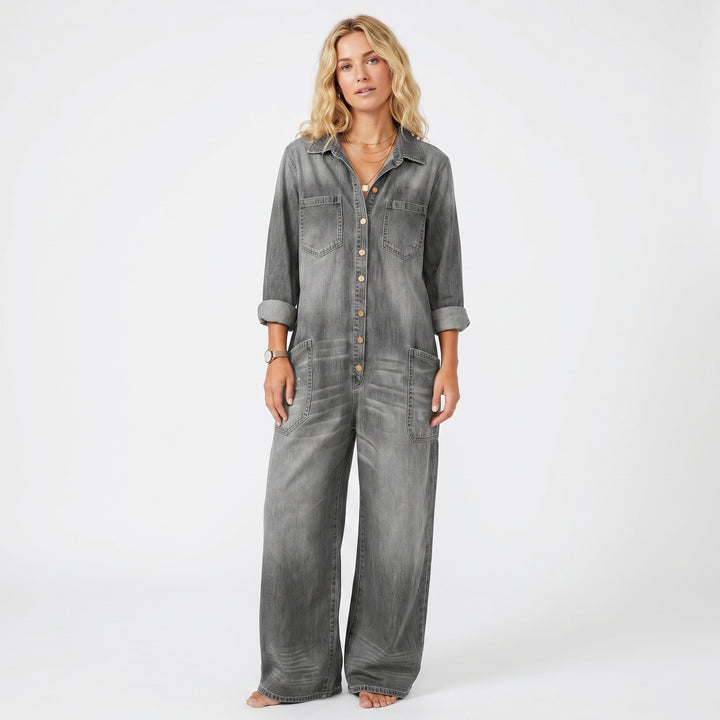 Denim Jumpsuit Women - Wide Leg Button Down Oversized