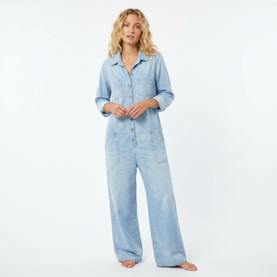 Denim Jumpsuit Women - Wide Leg Button Down Oversized