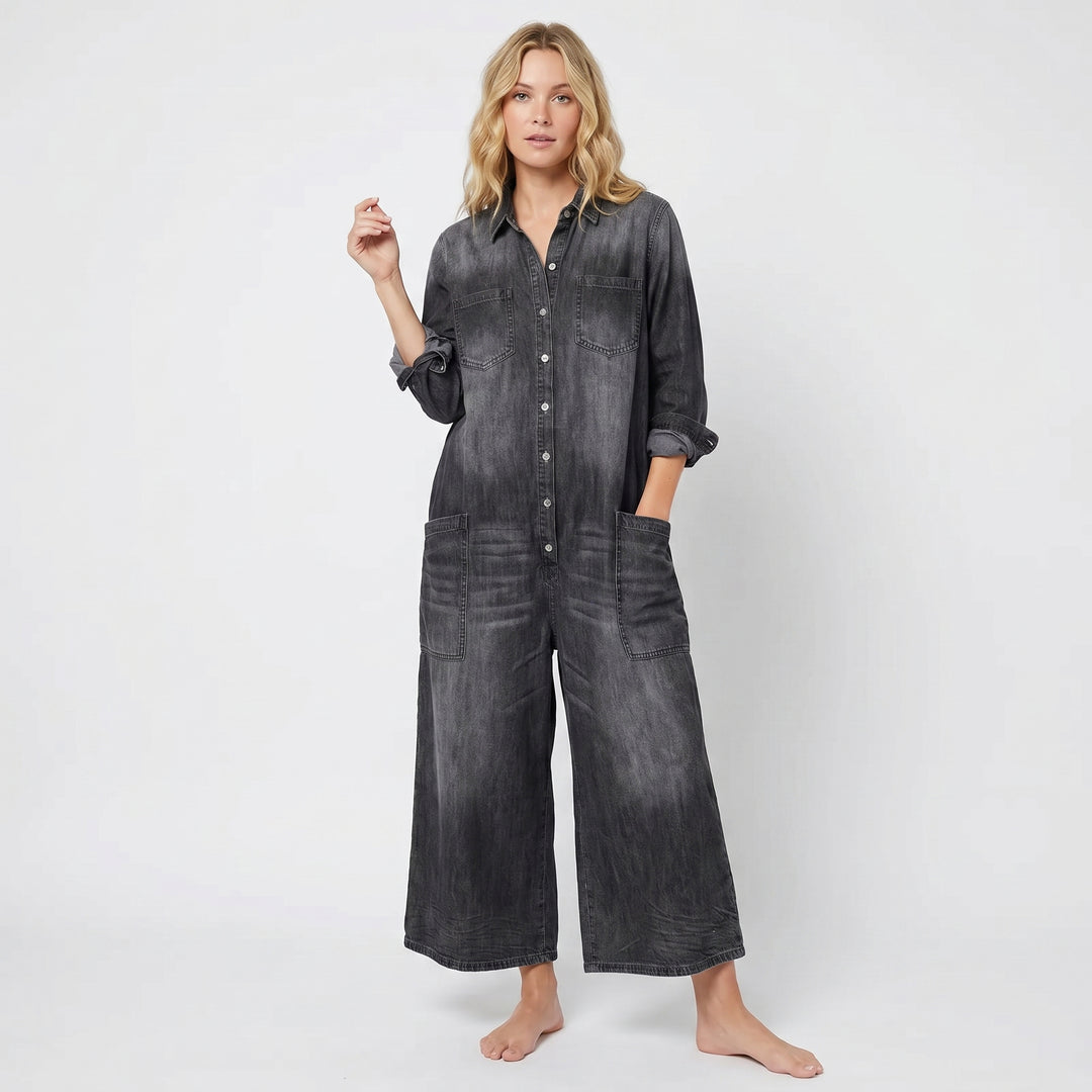 Denim Jumpsuit Women - Wide Leg Button Down Oversized