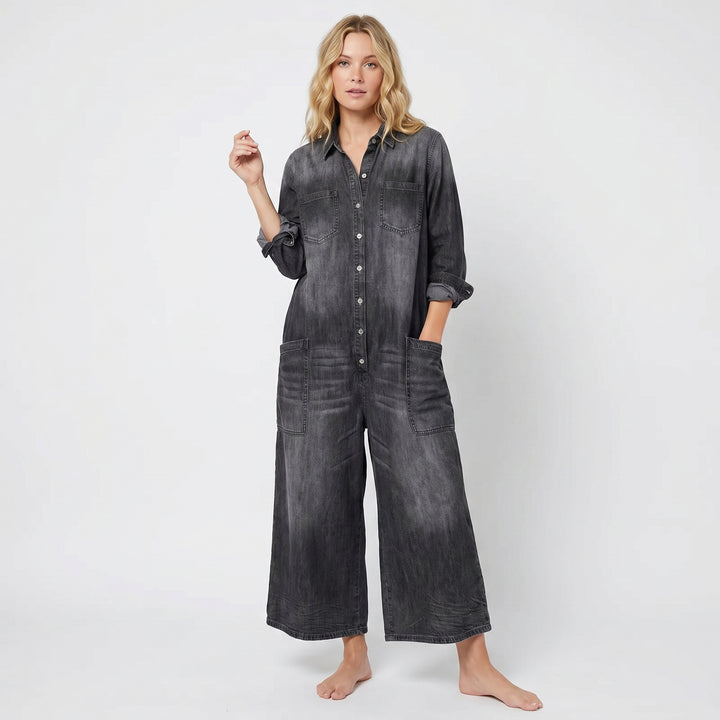 Denim Jumpsuit Women - Wide Leg Button Down Oversized