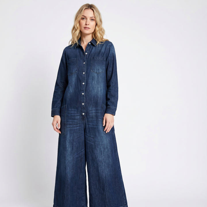 Denim Jumpsuit Women - Wide Leg Button Down Oversized