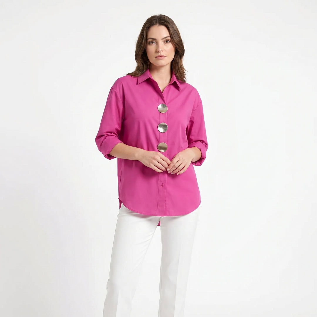 Oversized Shirt - Stand Collar Large Button Long Sleeve