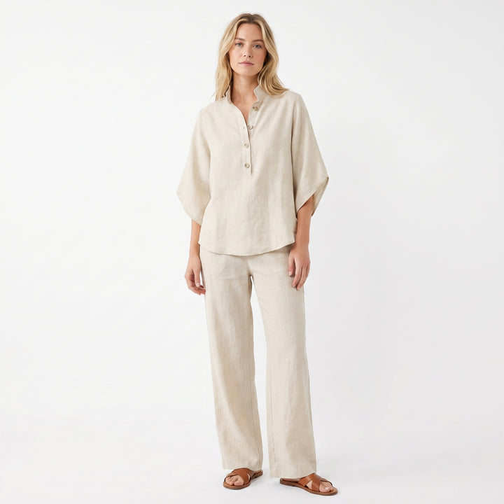 Linen Sets Women - Stand Collar Batwing Top and Wide Leg Pants