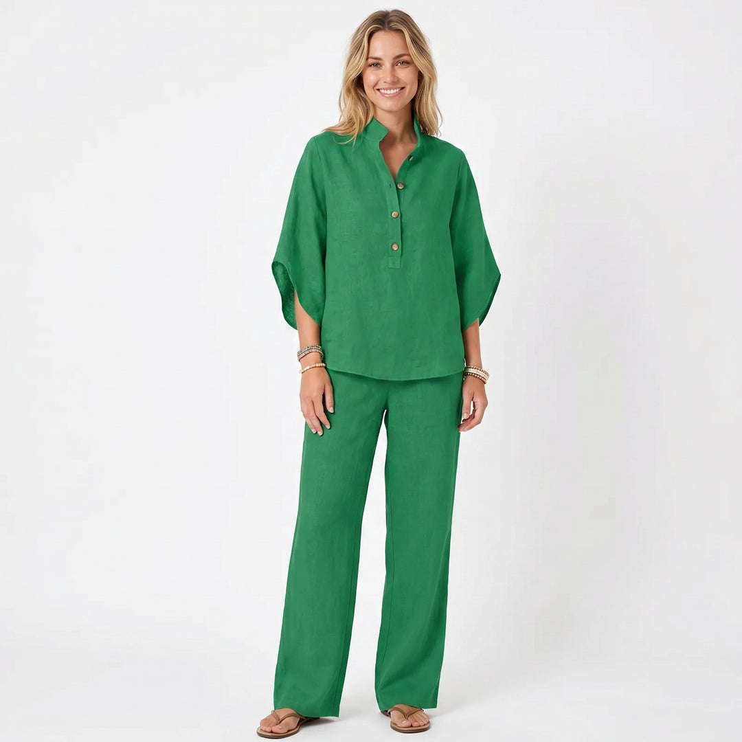 Linen Sets Women - Stand Collar Batwing Top and Wide Leg Pants