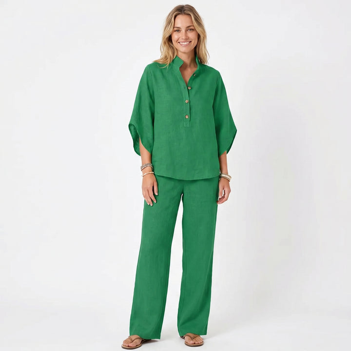 Linen Sets Women - Stand Collar Batwing Top and Wide Leg Pants