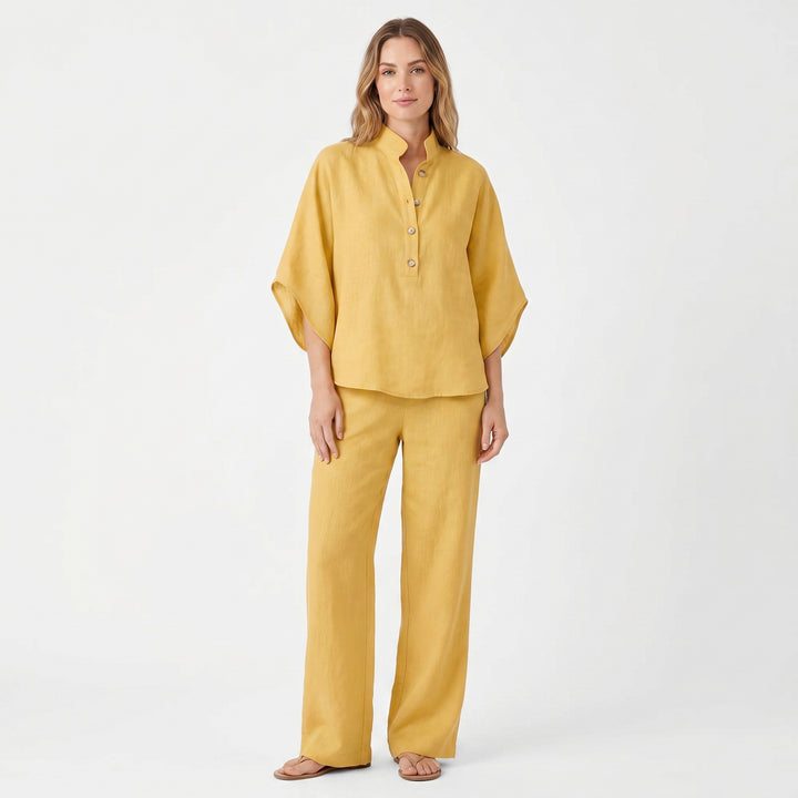 Linen Sets Women - Stand Collar Batwing Top and Wide Leg Pants