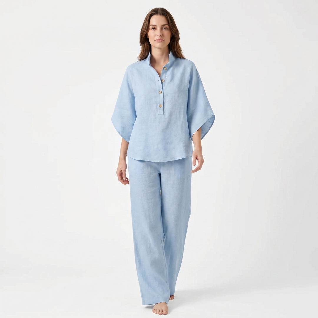 Linen Sets Women - Stand Collar Batwing Top and Wide Leg Pants