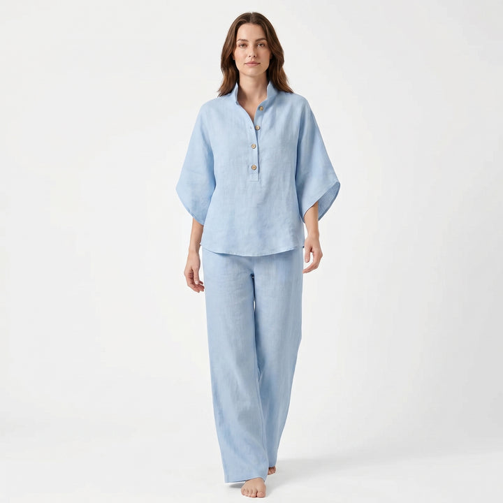 Linen Sets Women - Stand Collar Batwing Top and Wide Leg Pants
