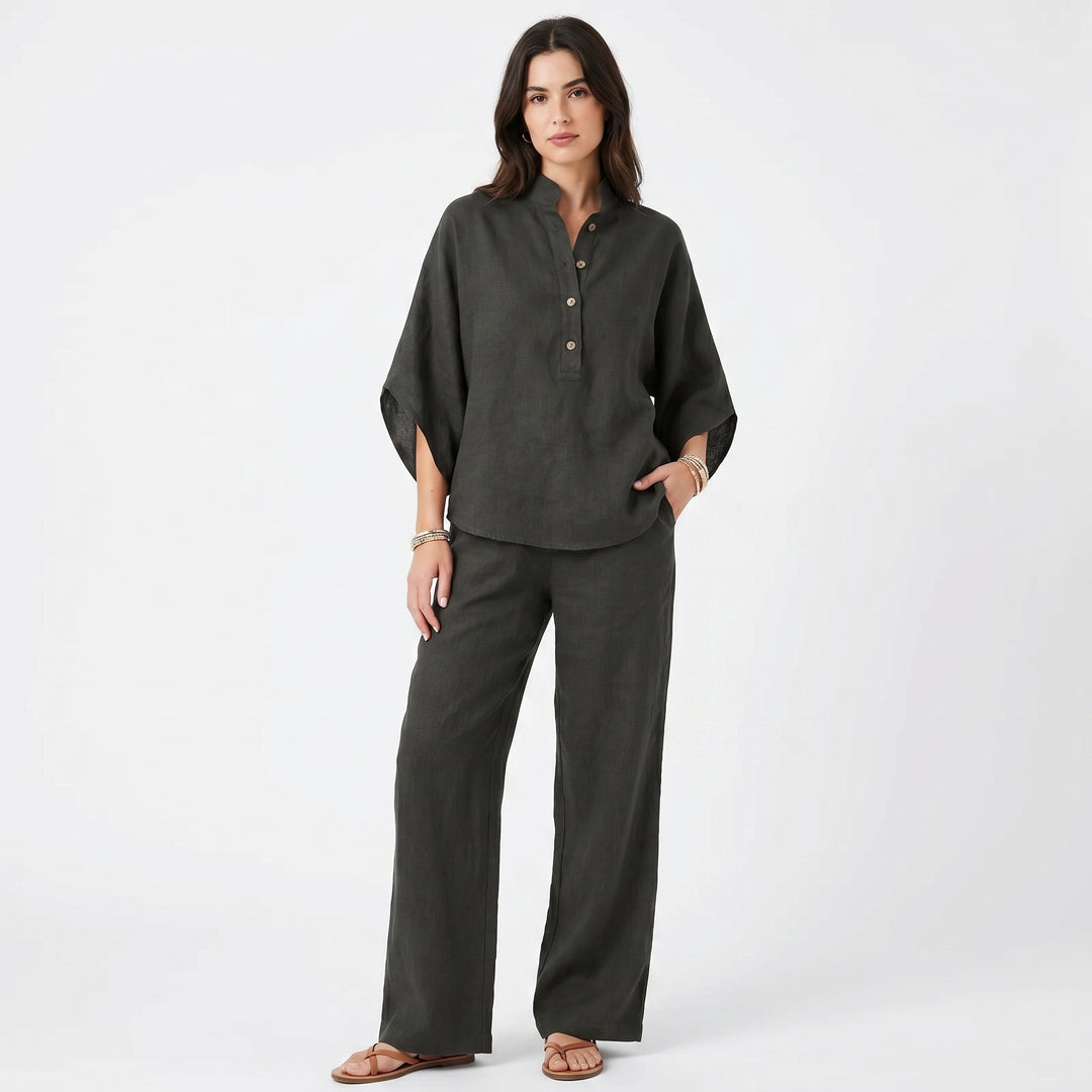 Linen Sets Women - Stand Collar Batwing Top and Wide Leg Pants