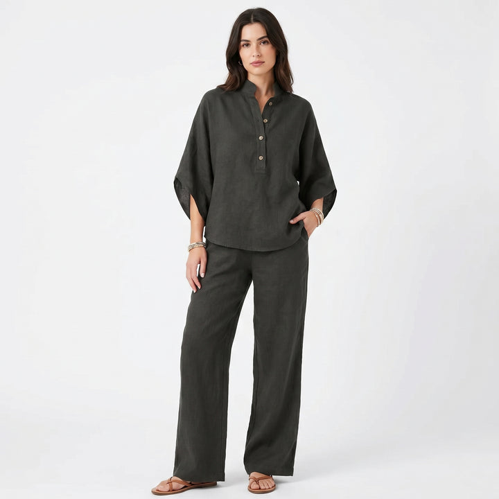 Linen Sets Women - Stand Collar Batwing Top and Wide Leg Pants