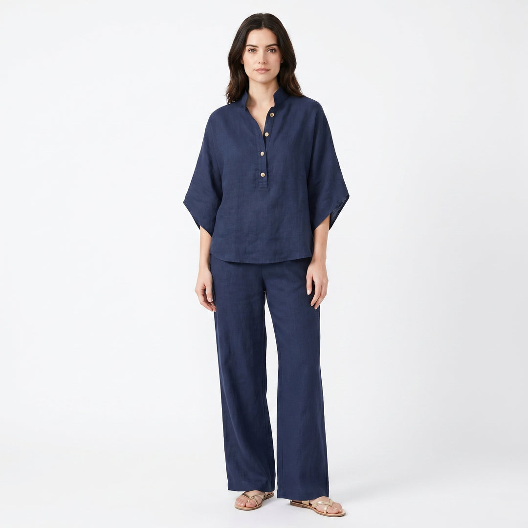 Linen Sets Women - Stand Collar Batwing Top and Wide Leg Pants