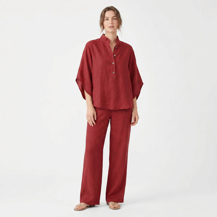 Linen Sets Women - Stand Collar Batwing Top and Wide Leg Pants