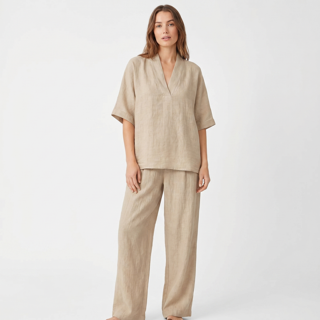 Women's Linen Two-Piece Set V-Neck Top and Wide-Leg Pants Relaxed Fit