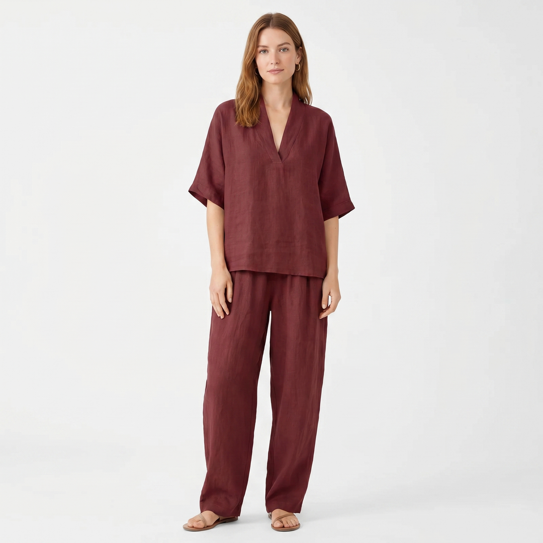 Women's Linen Two-Piece Set V-Neck Top and Wide-Leg Pants Relaxed Fit