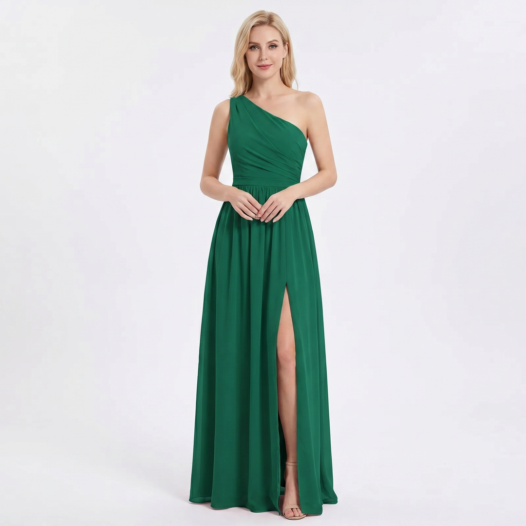 Women's One Shoulder Chiffon Maxi Dress Ruched Waist High Slit Formal