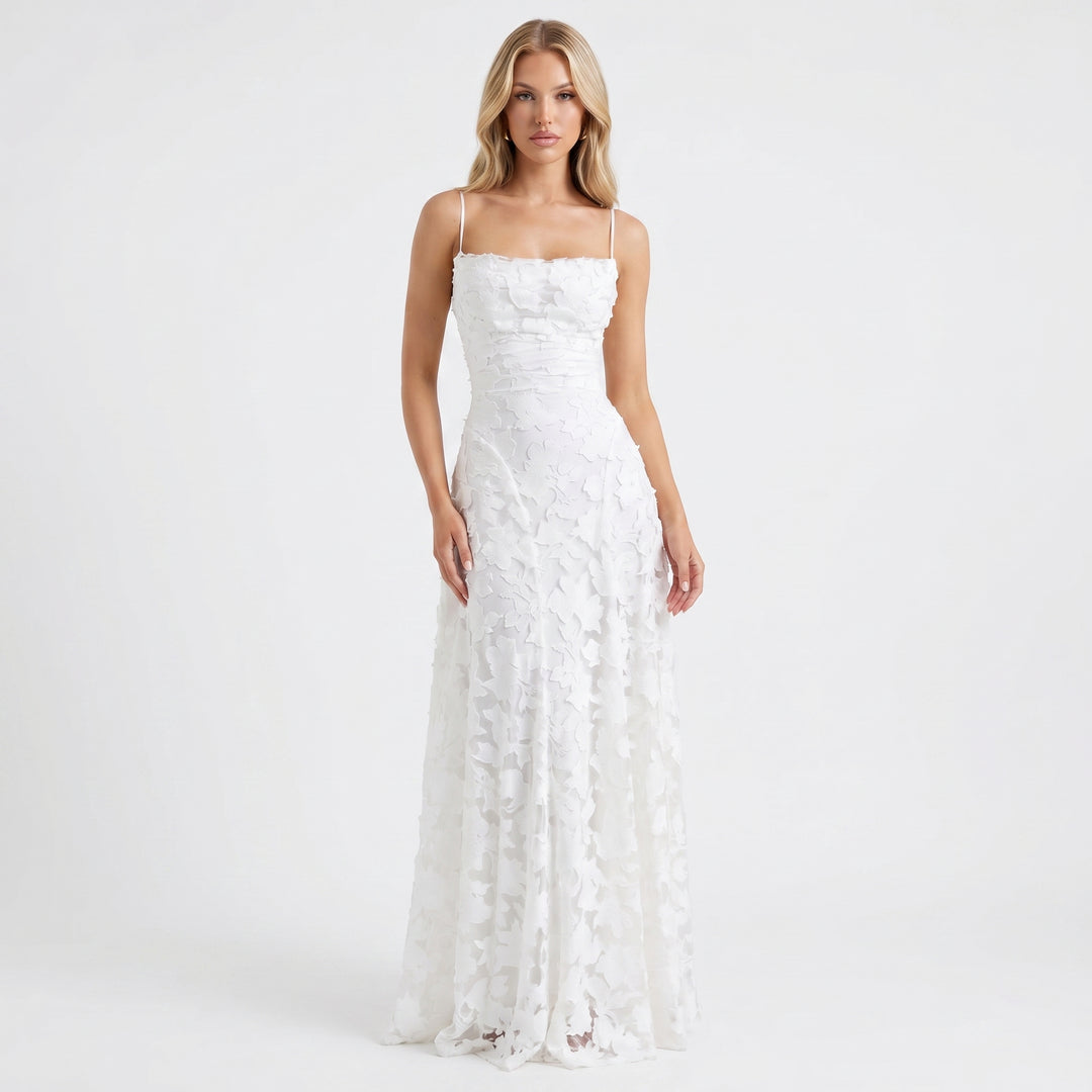Women's Floral Lace Maxi Dress Spaghetti Strap A-Line Formal Evening