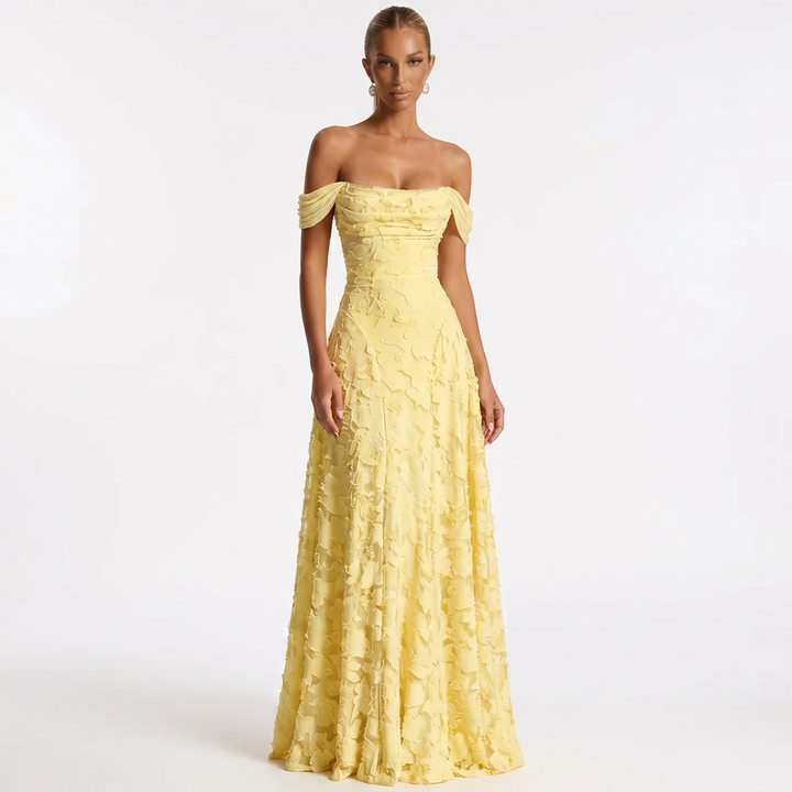 Women's Off Shoulder Maxi Dress 3D Floral Appliqué A-Line Formal Gown