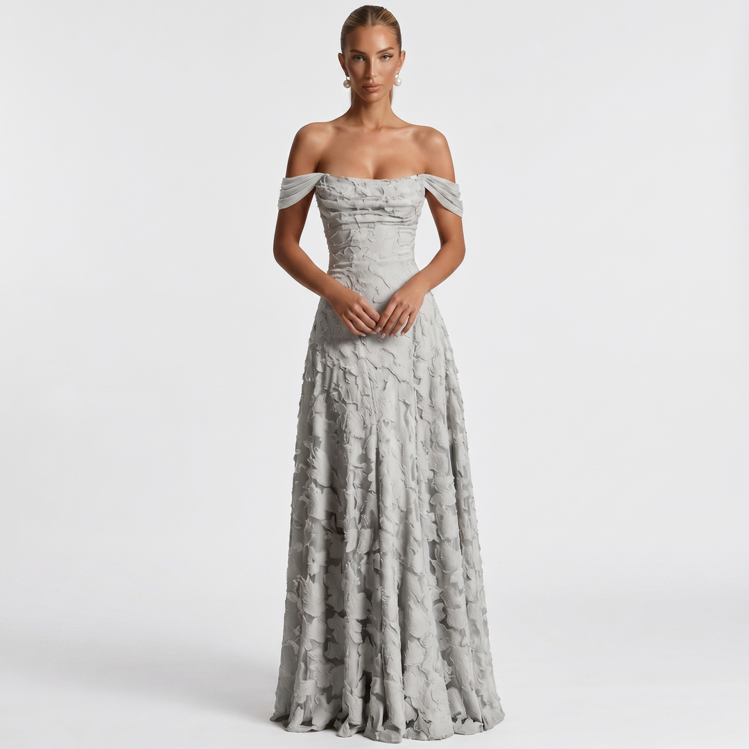 Women's Off Shoulder Maxi Dress 3D Floral Appliqué A-Line Formal Gown