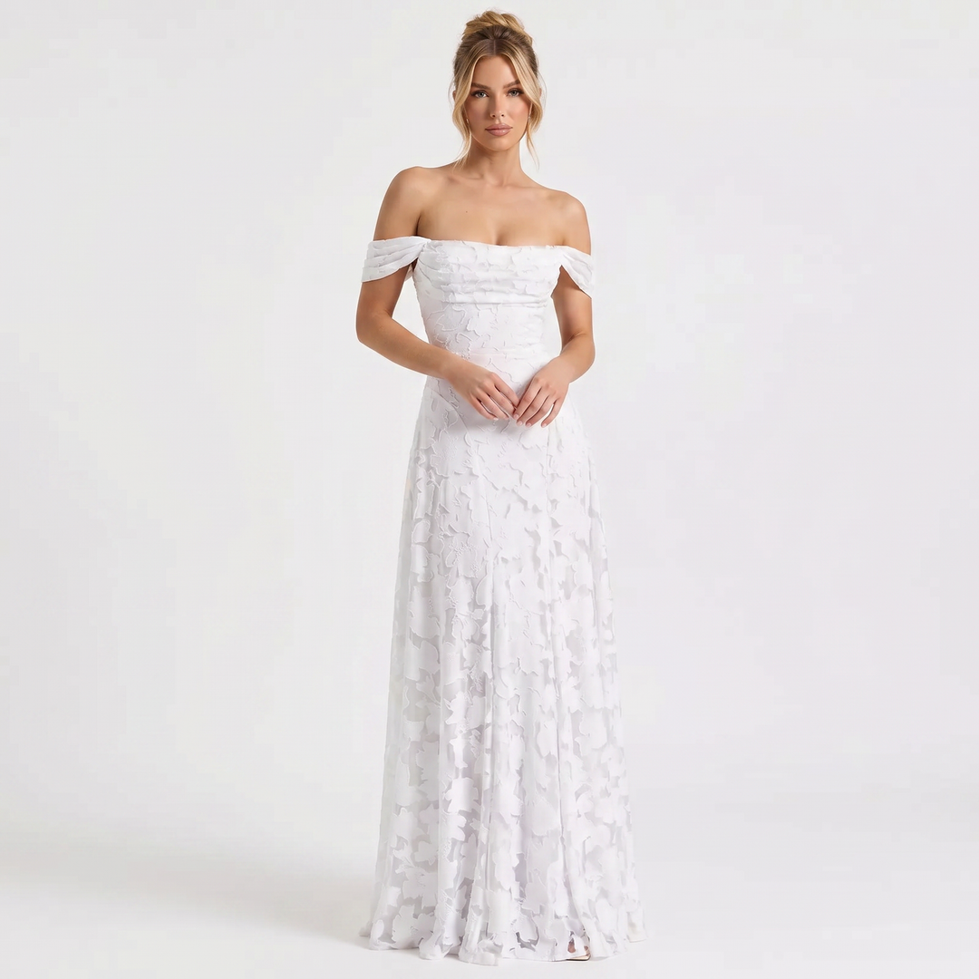 Women's Off Shoulder Maxi Dress 3D Floral Appliqué A-Line Formal Gown