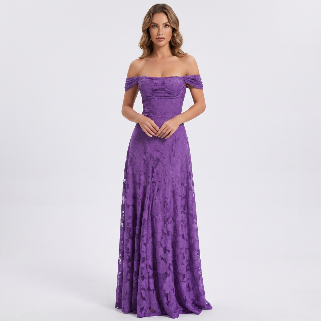 Women's Off Shoulder Maxi Dress 3D Floral Appliqué A-Line Formal Gown