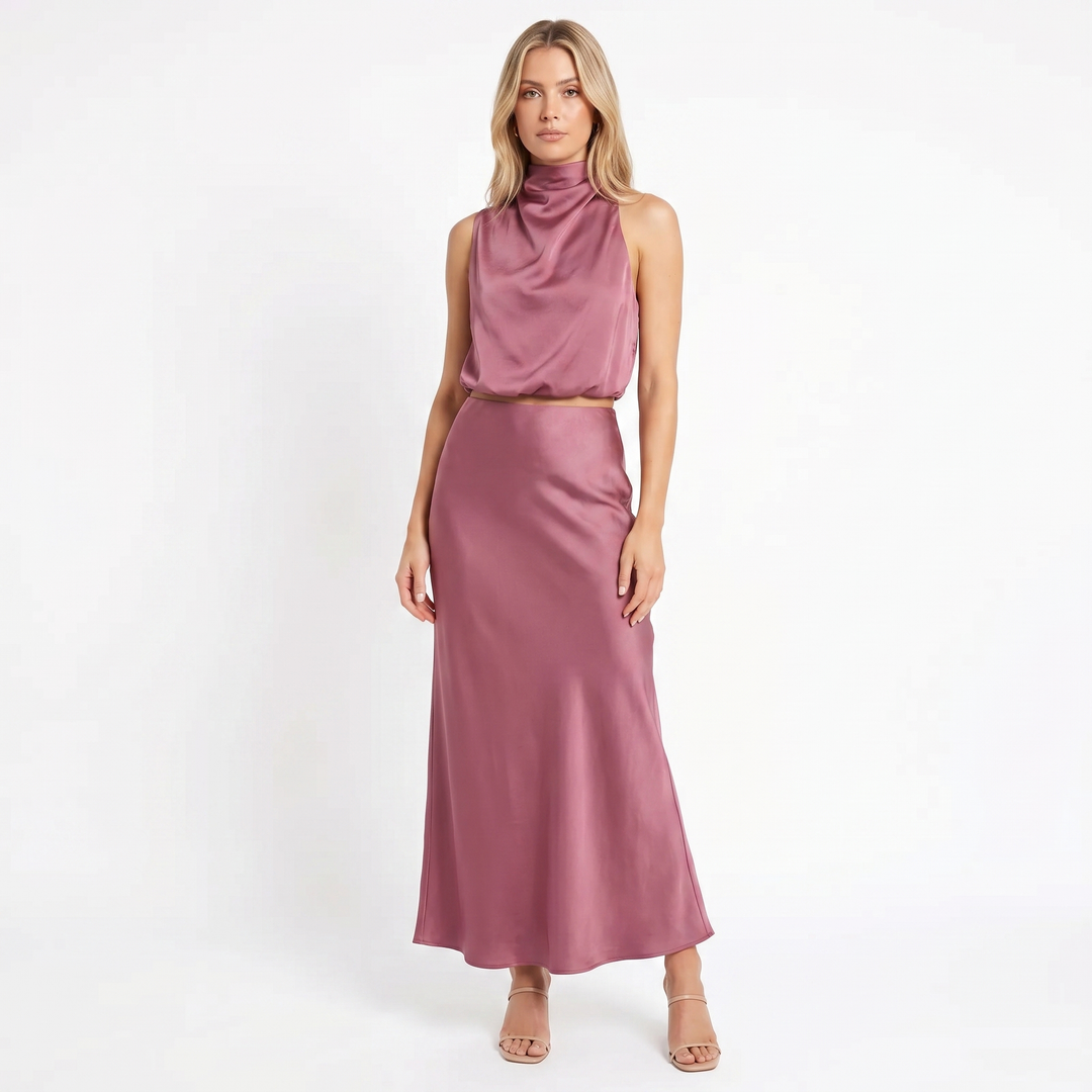 Women's Satin Two-Piece Set Halter Neck Crop Top Maxi Skirt Formal