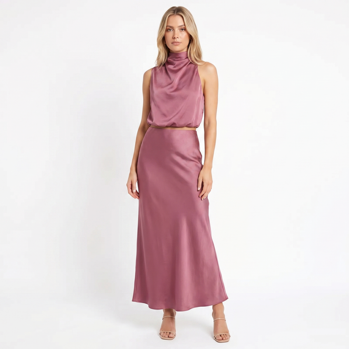 Women's Satin Two-Piece Set Halter Neck Crop Top Maxi Skirt Formal