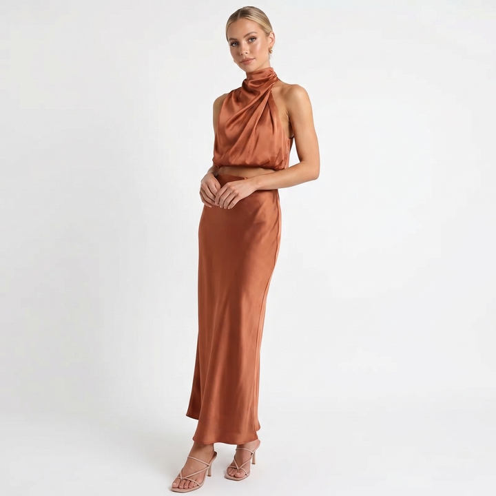 Women's Satin Two-Piece Set Halter Neck Crop Top Maxi Skirt Formal