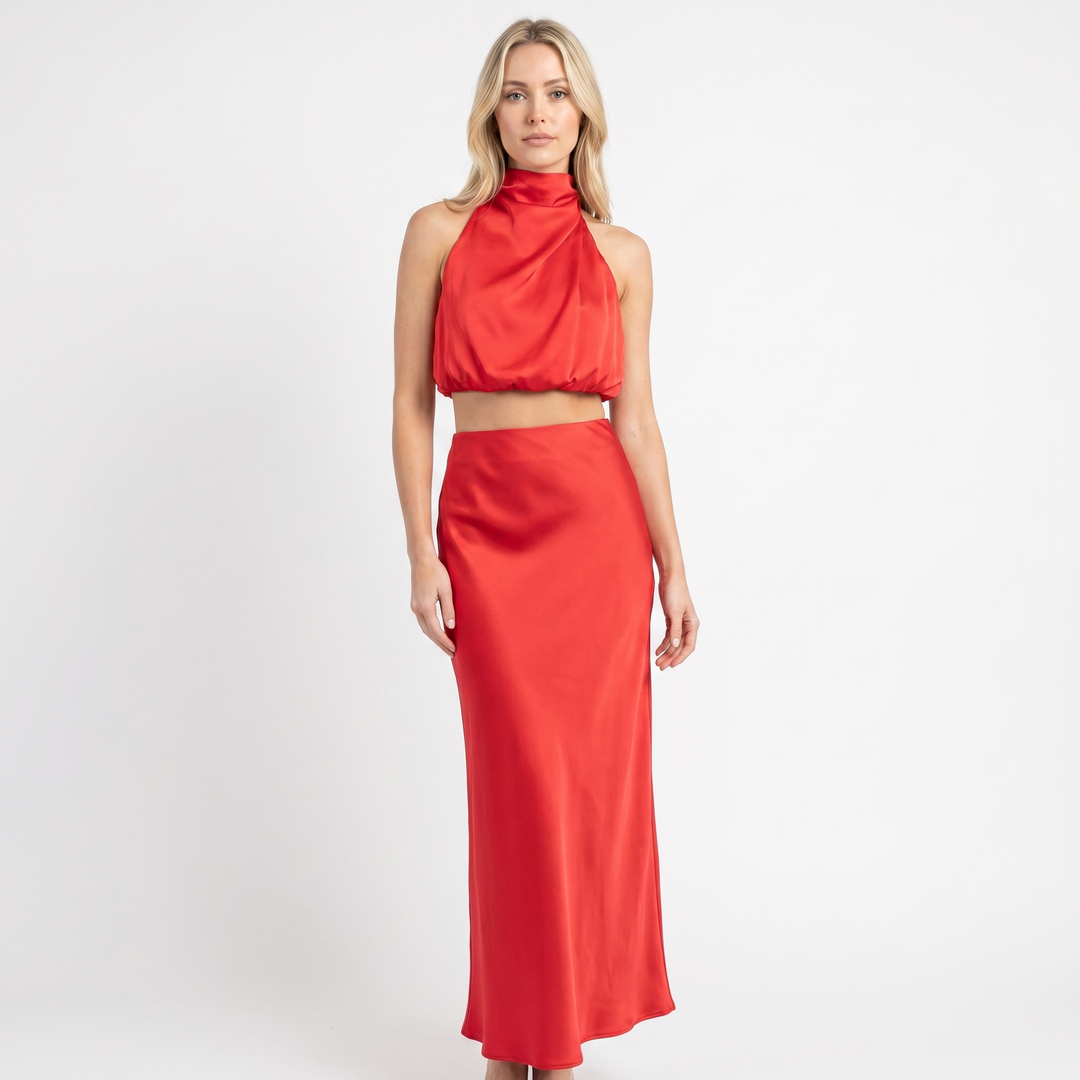 Women's Satin Two-Piece Set Halter Neck Crop Top Maxi Skirt Formal