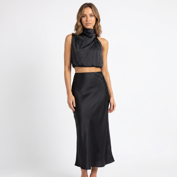 Women's Satin Two-Piece Set Halter Neck Crop Top Maxi Skirt Formal