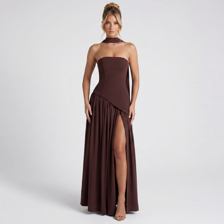 Women's Strapless Maxi Dress Corset Bodice Pleated Skirt Scarf Formal Gown