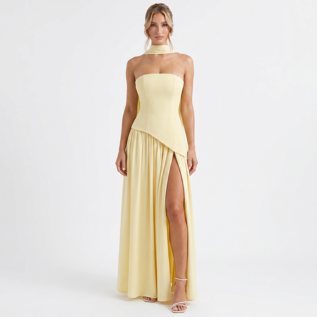 Women's Strapless Maxi Dress Corset Bodice Pleated Skirt Scarf Formal Gown