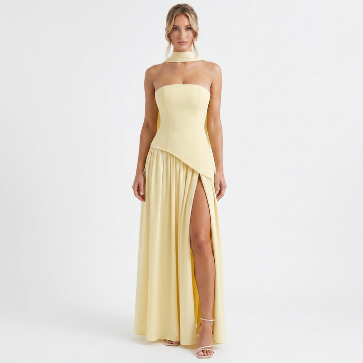 Women's Strapless Maxi Dress Corset Bodice Pleated Skirt Scarf Formal Gown