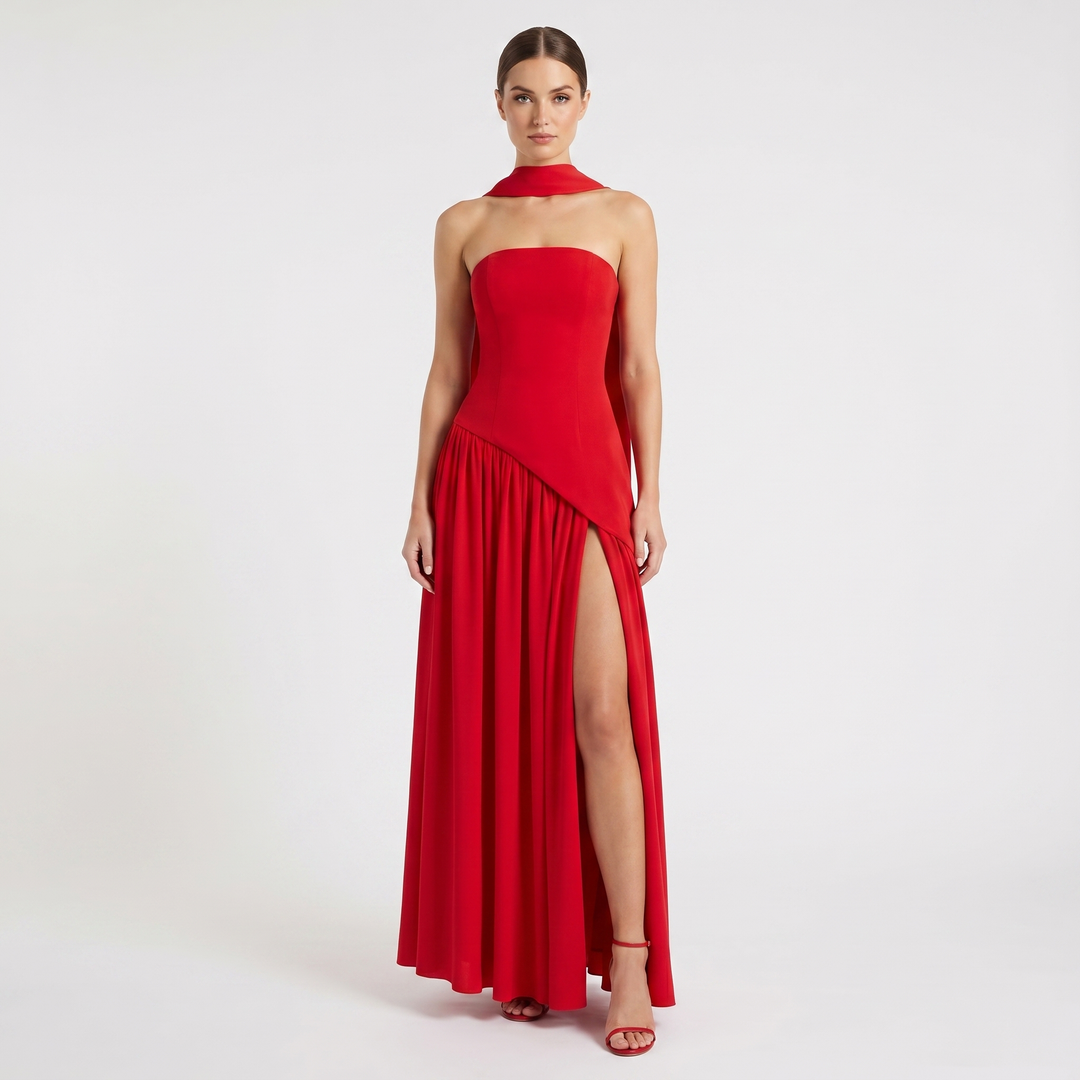 Women's Strapless Maxi Dress Corset Bodice Pleated Skirt Scarf Formal Gown