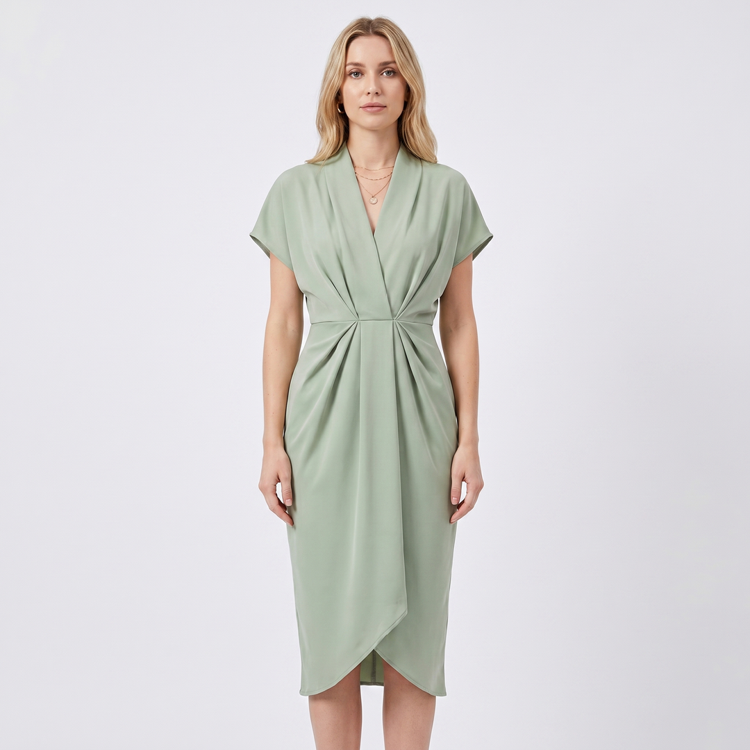 Women's Wrap Midi Dress V-Neck Twisted Waist Batwing Sleeve Smart Casual