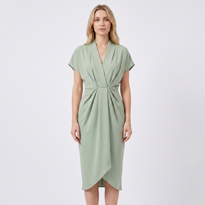 Women's Wrap Midi Dress V-Neck Twisted Waist Batwing Sleeve Smart Casual