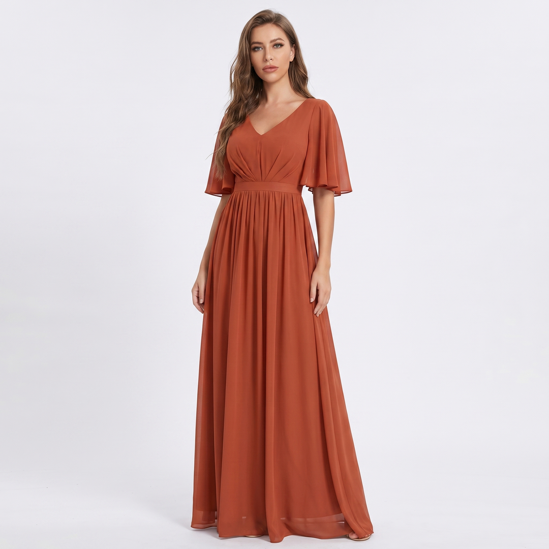 Women's Chiffon Maxi Dress V-Neck Flutter Sleeve Ruched Waist A-Line Formal