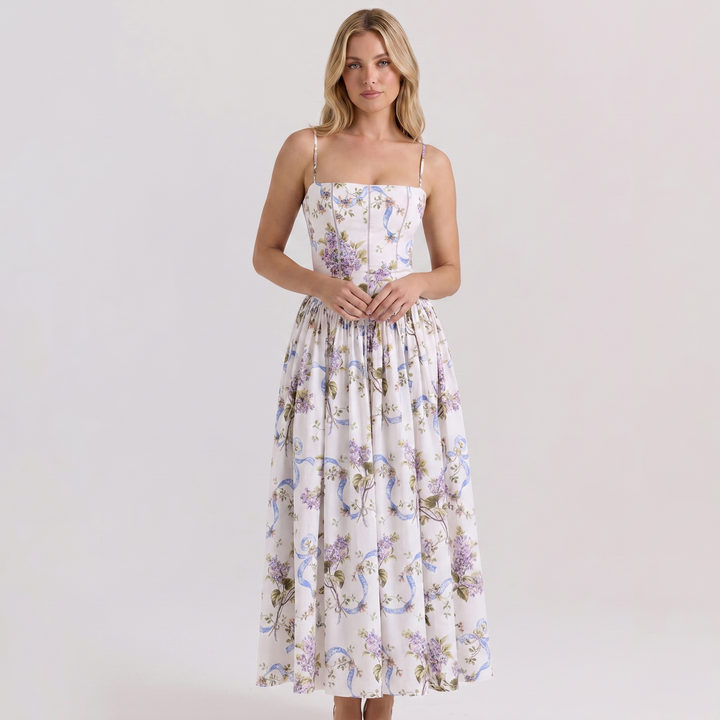 Women's Corset Bodice Maxi Dress Spaghetti Strap Full Skirt A-Line Sundress