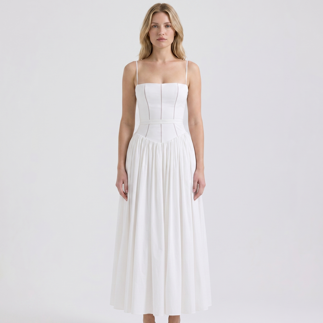 Women's Corset Bodice Maxi Dress Spaghetti Strap Full Skirt A-Line Sundress