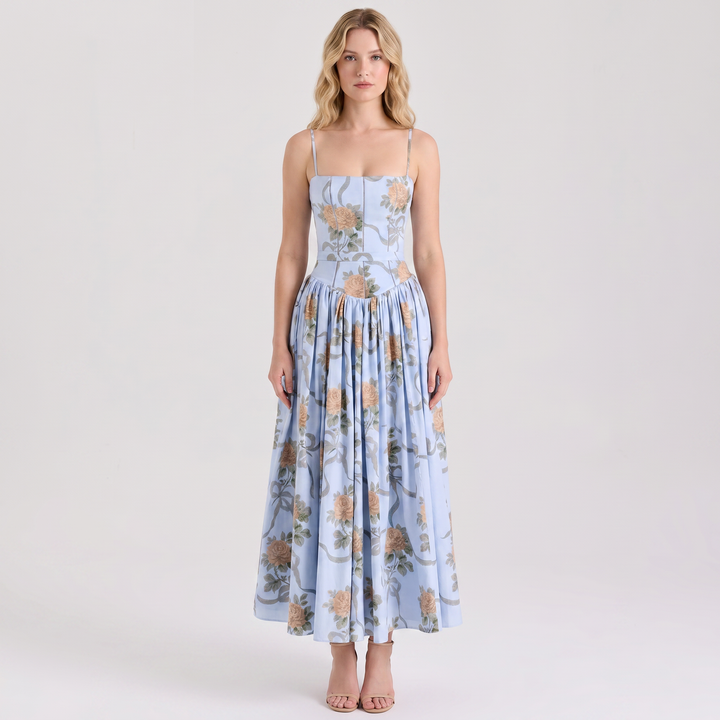 Women's Corset Bodice Maxi Dress Spaghetti Strap Full Skirt A-Line Sundress