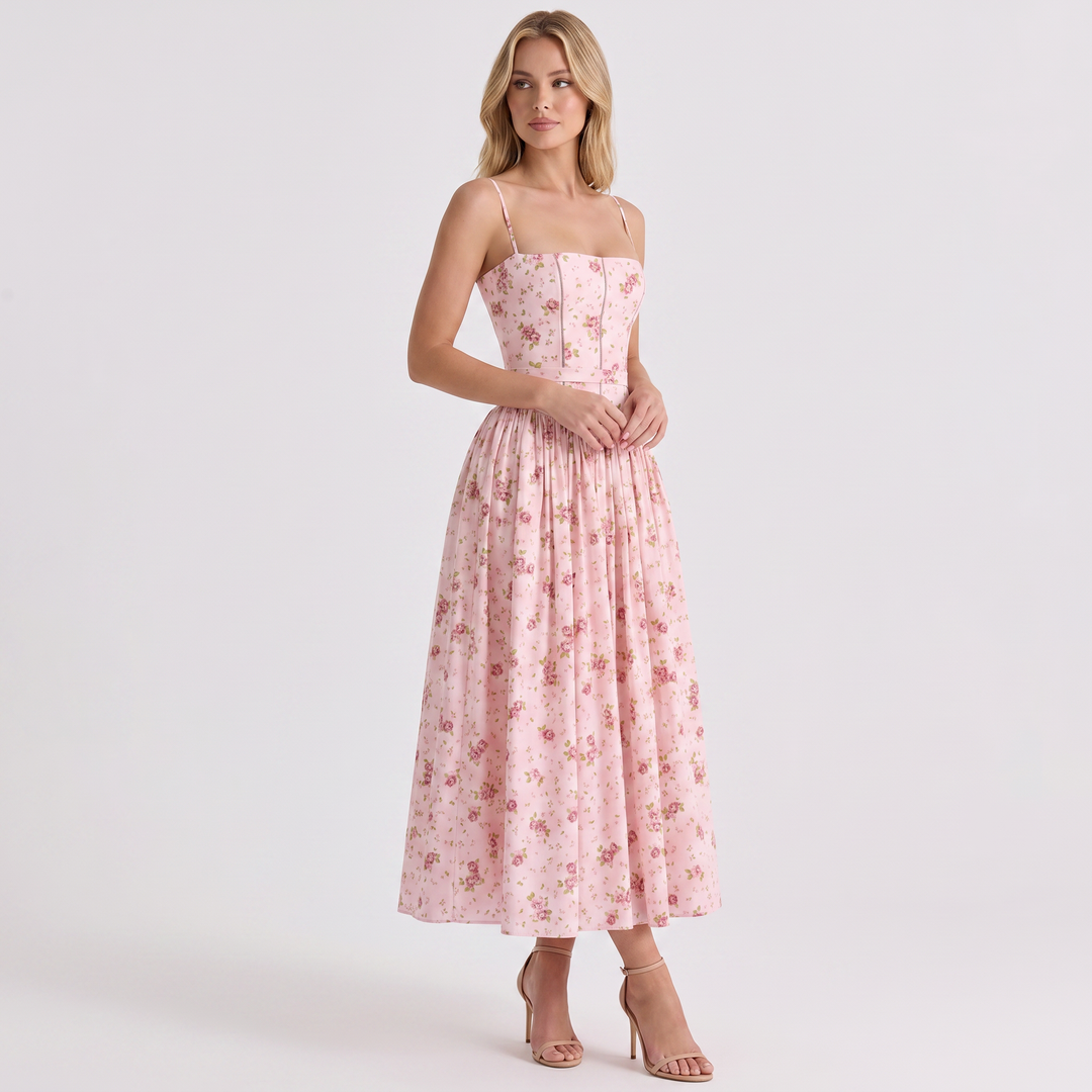 Women's Corset Bodice Maxi Dress Spaghetti Strap Full Skirt A-Line Sundress